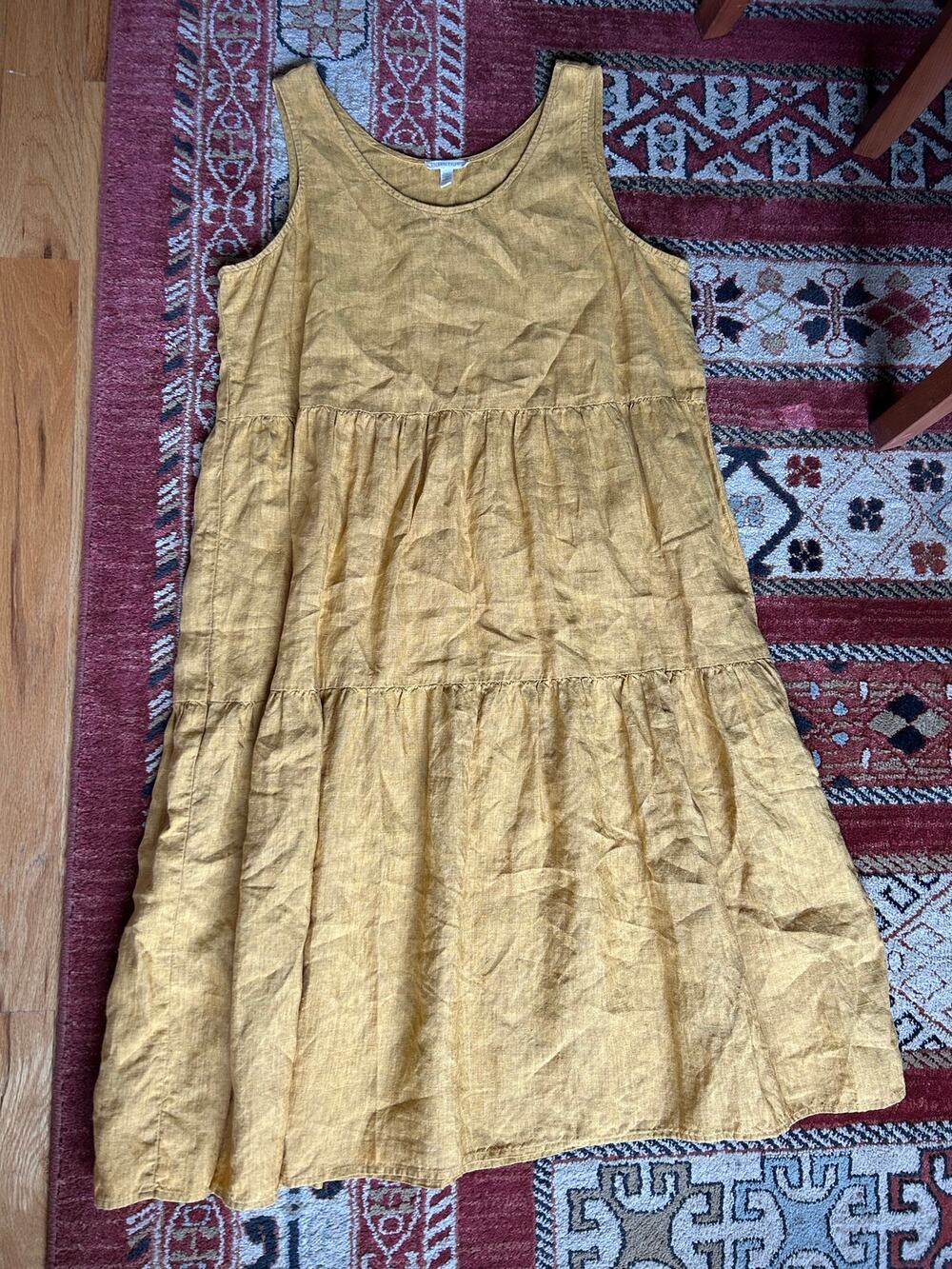 Eileen Fisher Washed 100% Organic Linen Delave Tiered Dress Midi Tank Marigold
